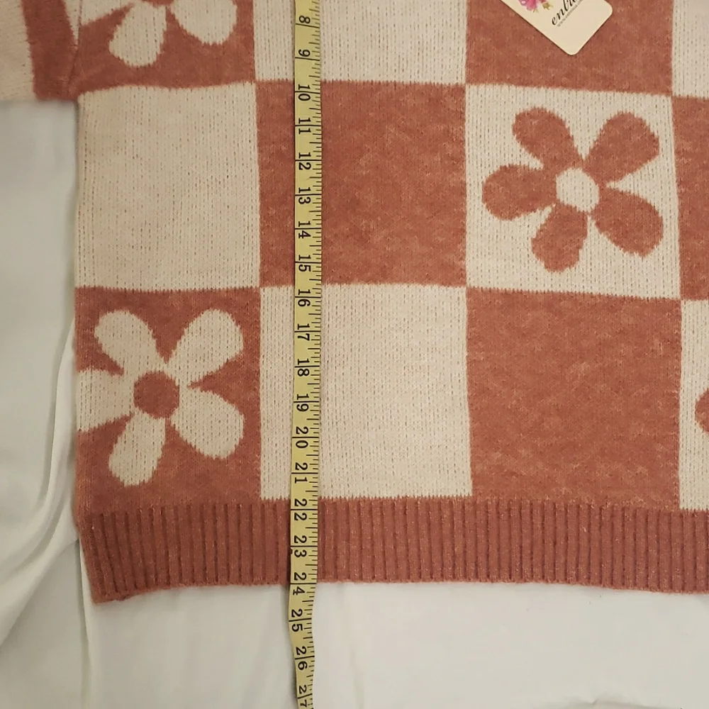 Entro Crew Neck Sweater Checkerboard Stripe Orange Cream Retro Hippie Boho